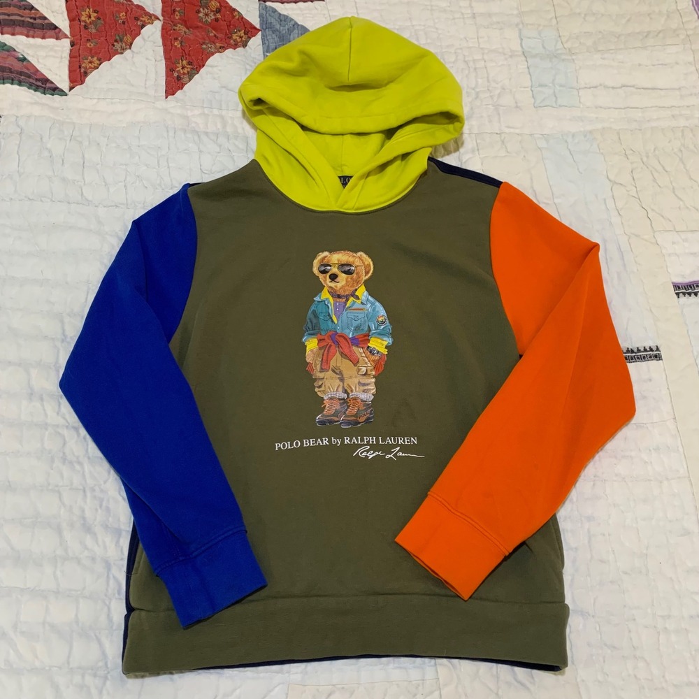 Polo Ralph‎ Lauren Polo Bear Hoodie Colorblock Olive Navy Neon Kids L 14-16